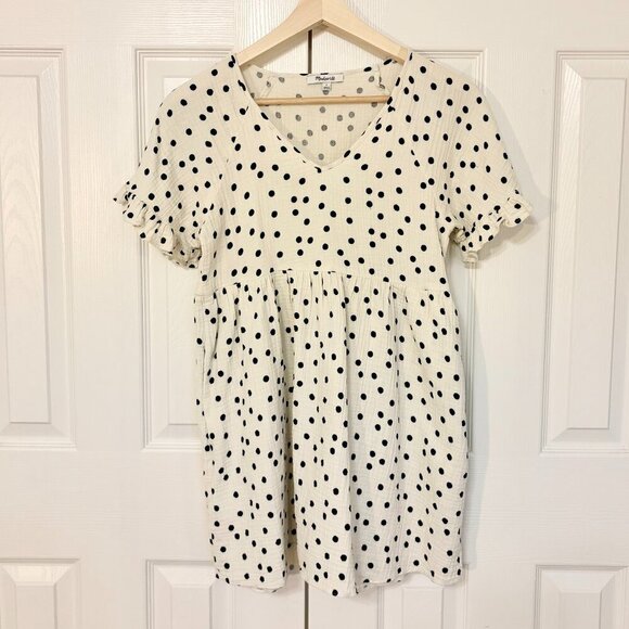 Madewell Dresses & Skirts - Madewell Ruffle Short-Sleeve Ivory Black Mini Babydoll Dress in Dot Toss Medium